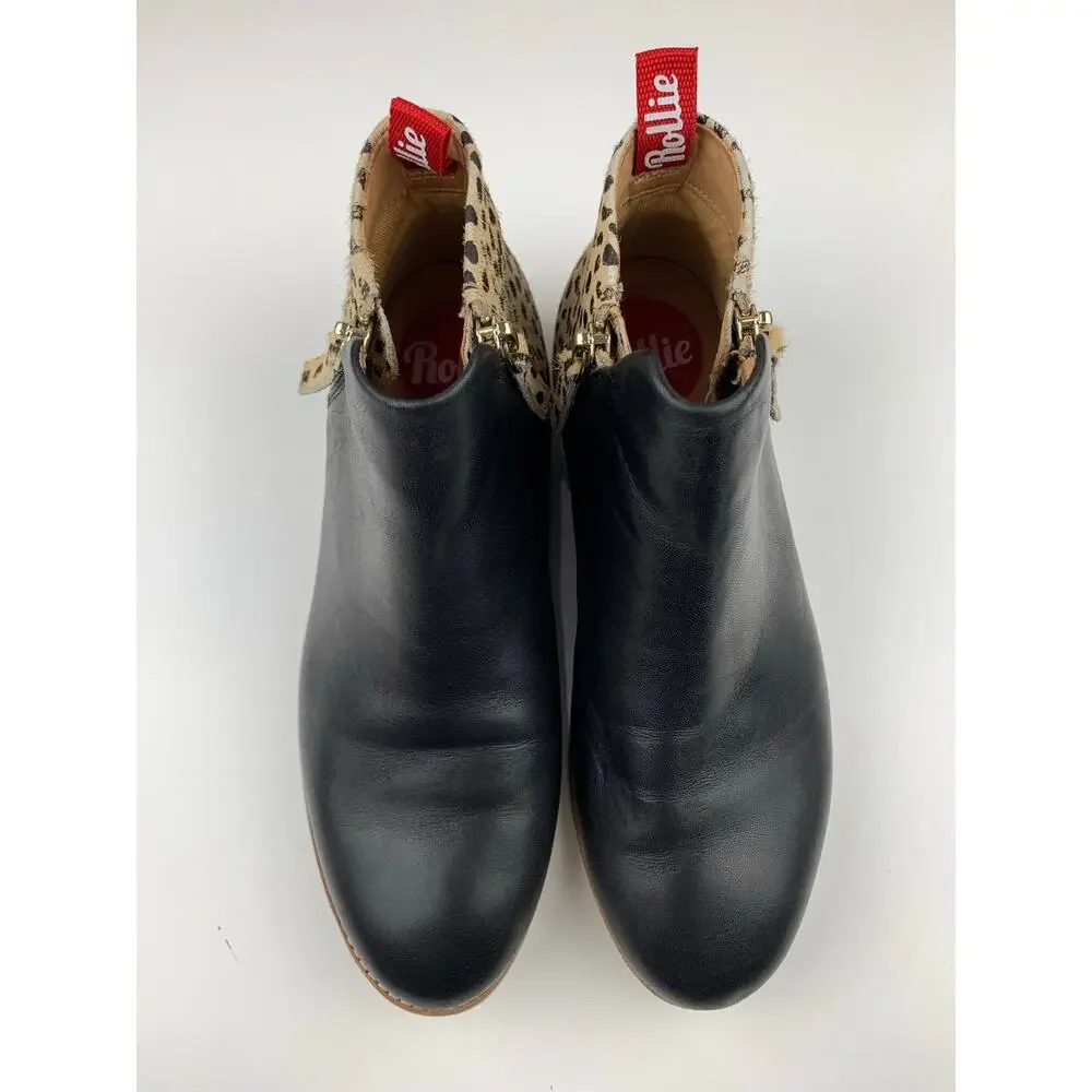 Rollie Nation Side Zip Boots Ankle Booties Black Cheetah Leather Women's 37 US 6